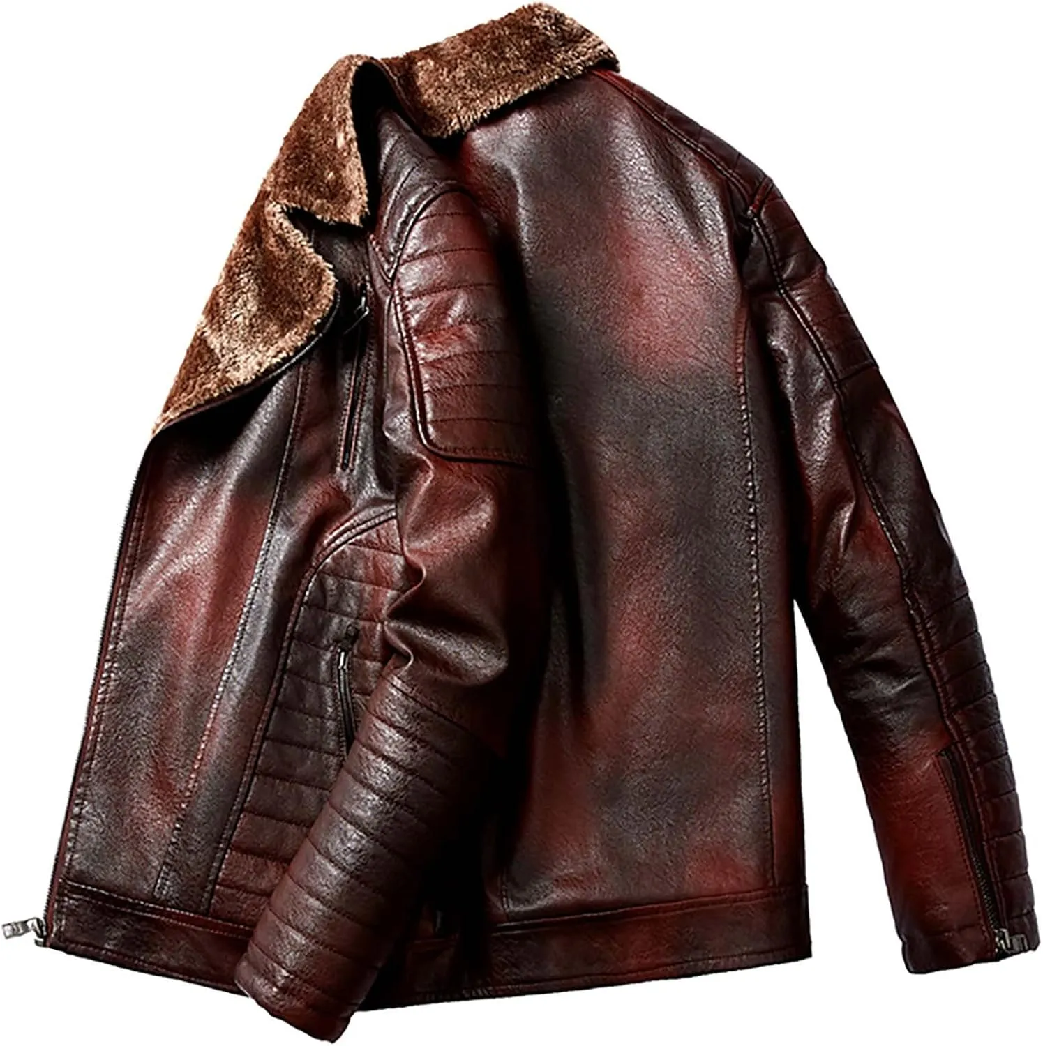 Men's Motorcycle Leather Jacket Fleece Lined Winter Warm Biker Trucker Coat