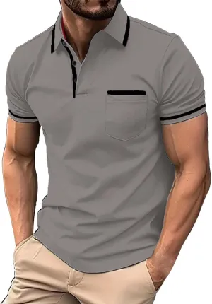 Men's Polo Shirts Casual Oversized Short Sleeve Button Lapel Golf Shirts for Men Trendy Solid Color Stripe Basic T-Shirts