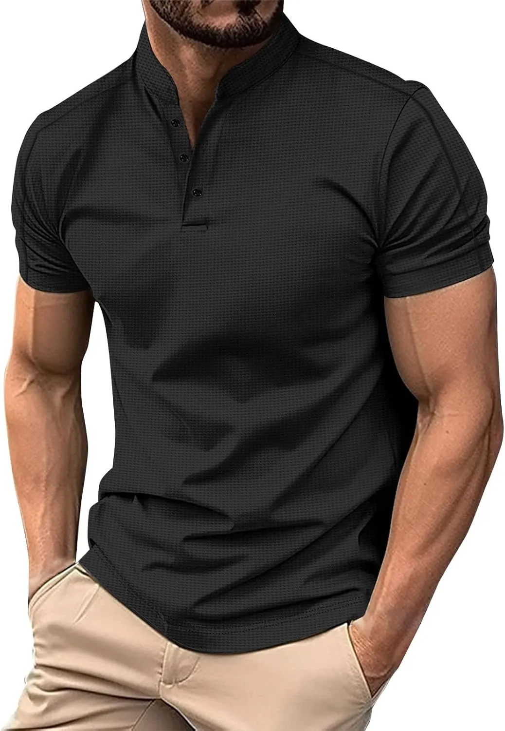 Mens Polos Short Sleeve Breathable Band Collar Golf Tshirts Summer Casaul Work Tops Lightweight Breathable Clothes