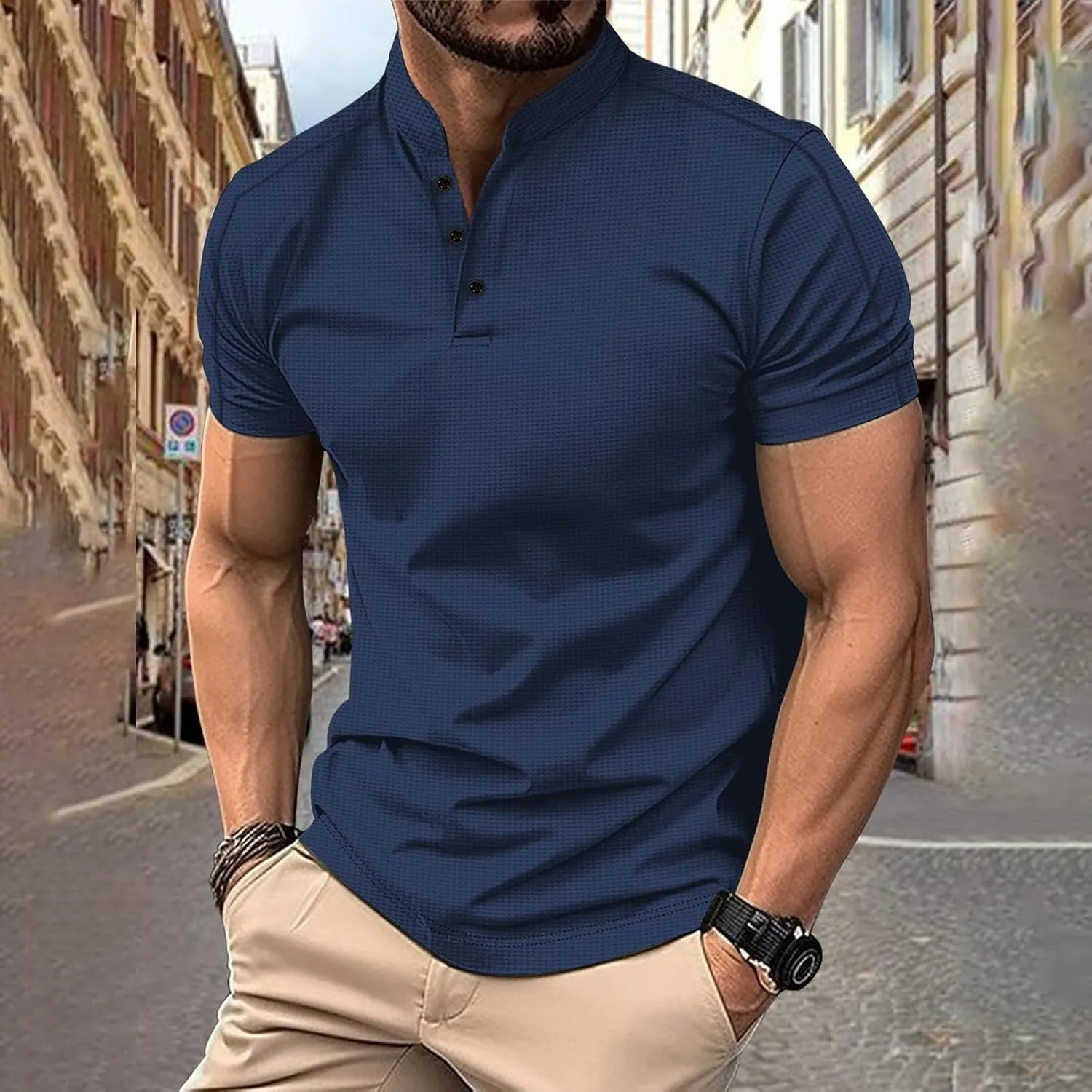 Mens Polos Short Sleeve Breathable Band Collar Golf Tshirts Summer Casaul Work Tops Lightweight Breathable Clothes