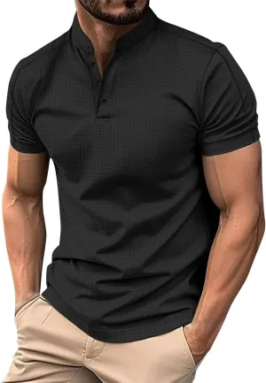 Mens Polos Short Sleeve Breathable Band Collar Golf Tshirts Summer Casaul Work Tops Lightweight Breathable Clothes