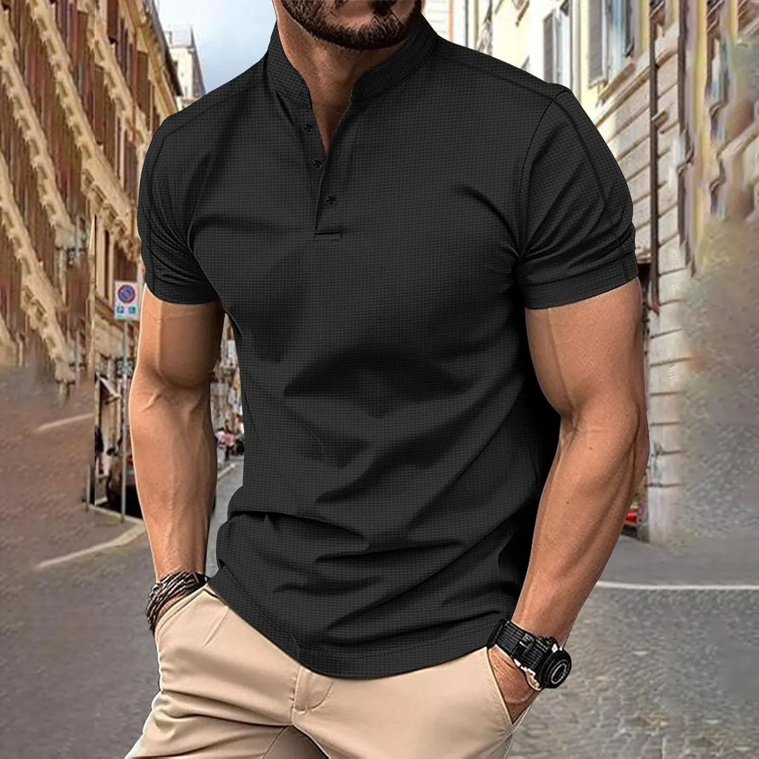 Mens Polos Short Sleeve Breathable Band Collar Golf Tshirts Summer Casaul Work Tops Lightweight Breathable Clothes