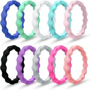 MOKANI Silicone Wedding Ring for Women, 10 Pack Thin and Braided Rubber Band, Fashion, Colorful, Comfortable fit, Skin Safe
