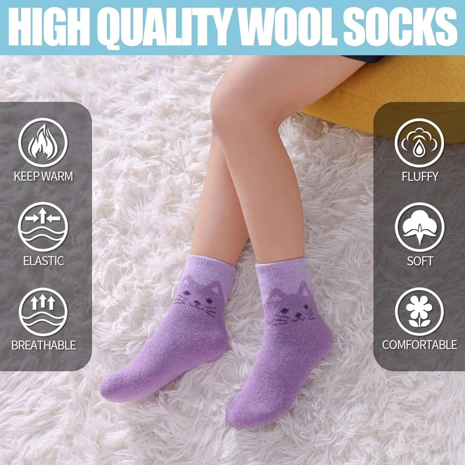 MQELONG Wool Socks for Kids Boys Girls Winter Warm Wool Hiking Thick Boot Cozy Crew Socks 6 Pairs