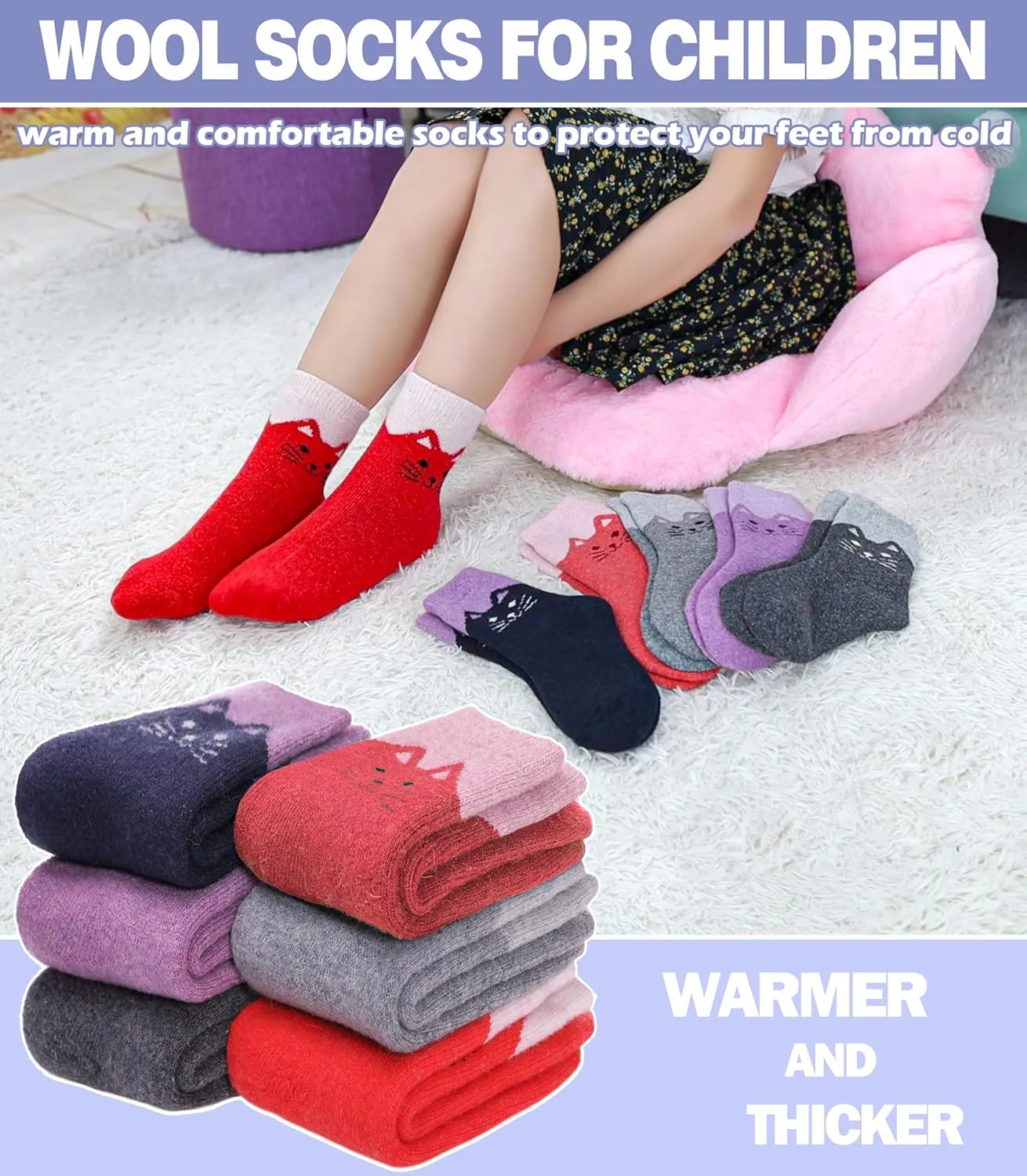 MQELONG Wool Socks for Kids Boys Girls Winter Warm Wool Hiking Thick Boot Cozy Crew Socks 6 Pairs