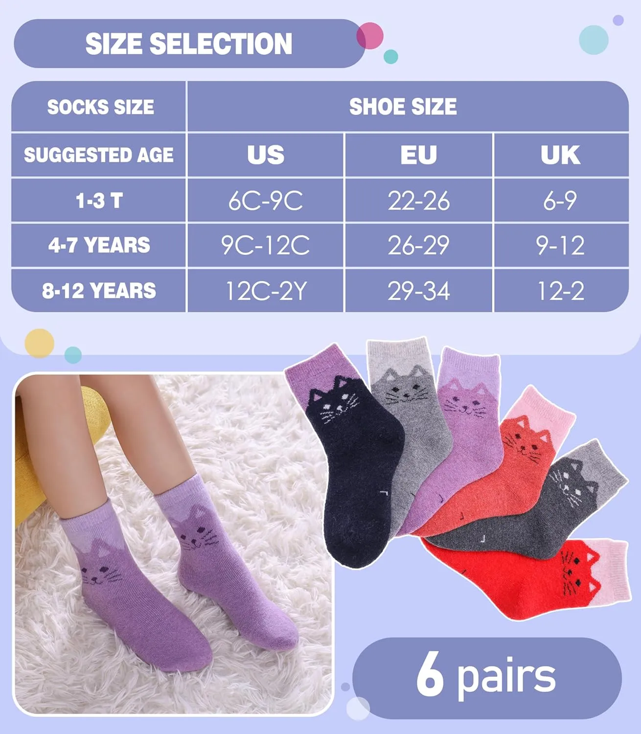 MQELONG Wool Socks for Kids Boys Girls Winter Warm Wool Hiking Thick Boot Cozy Crew Socks 6 Pairs