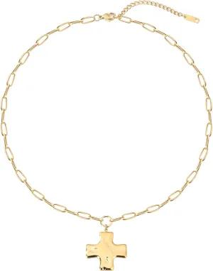 MQV Chunky Statement Gold Hammered Bold Cross Necklace Thick Chain Vintage Chain Pendant Jewelry