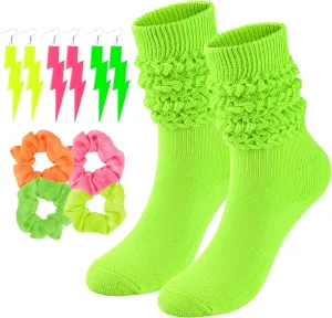 Neon Slouch Socks for Women, 80s 90s Scrunch Knee High Socks with Neon Earrings and Scrunchies for 80s 90s Party