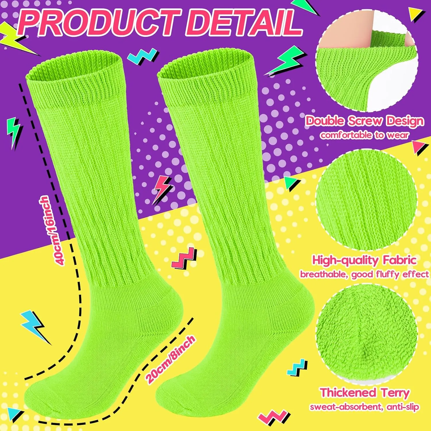 Neon Slouch Socks for Women, 80s 90s Scrunch Knee High Socks with Neon Earrings and Scrunchies for 80s 90s Party