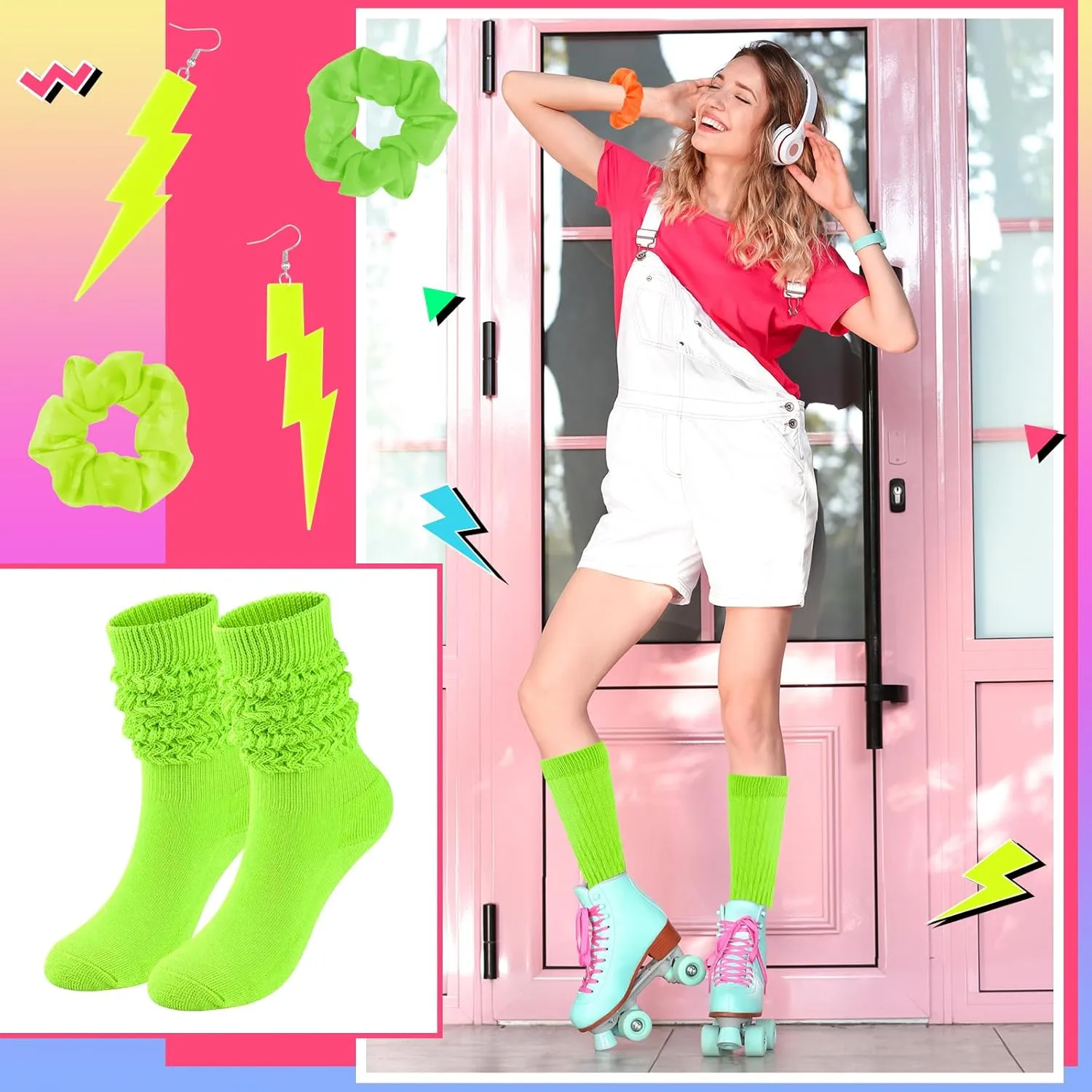 Neon Slouch Socks for Women, 80s 90s Scrunch Knee High Socks with Neon Earrings and Scrunchies for 80s 90s Party