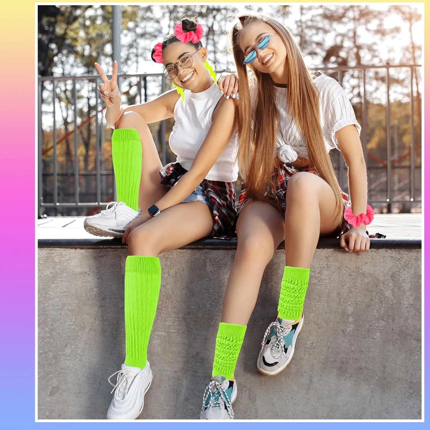 Neon Slouch Socks for Women, 80s 90s Scrunch Knee High Socks with Neon Earrings and Scrunchies for 80s 90s Party