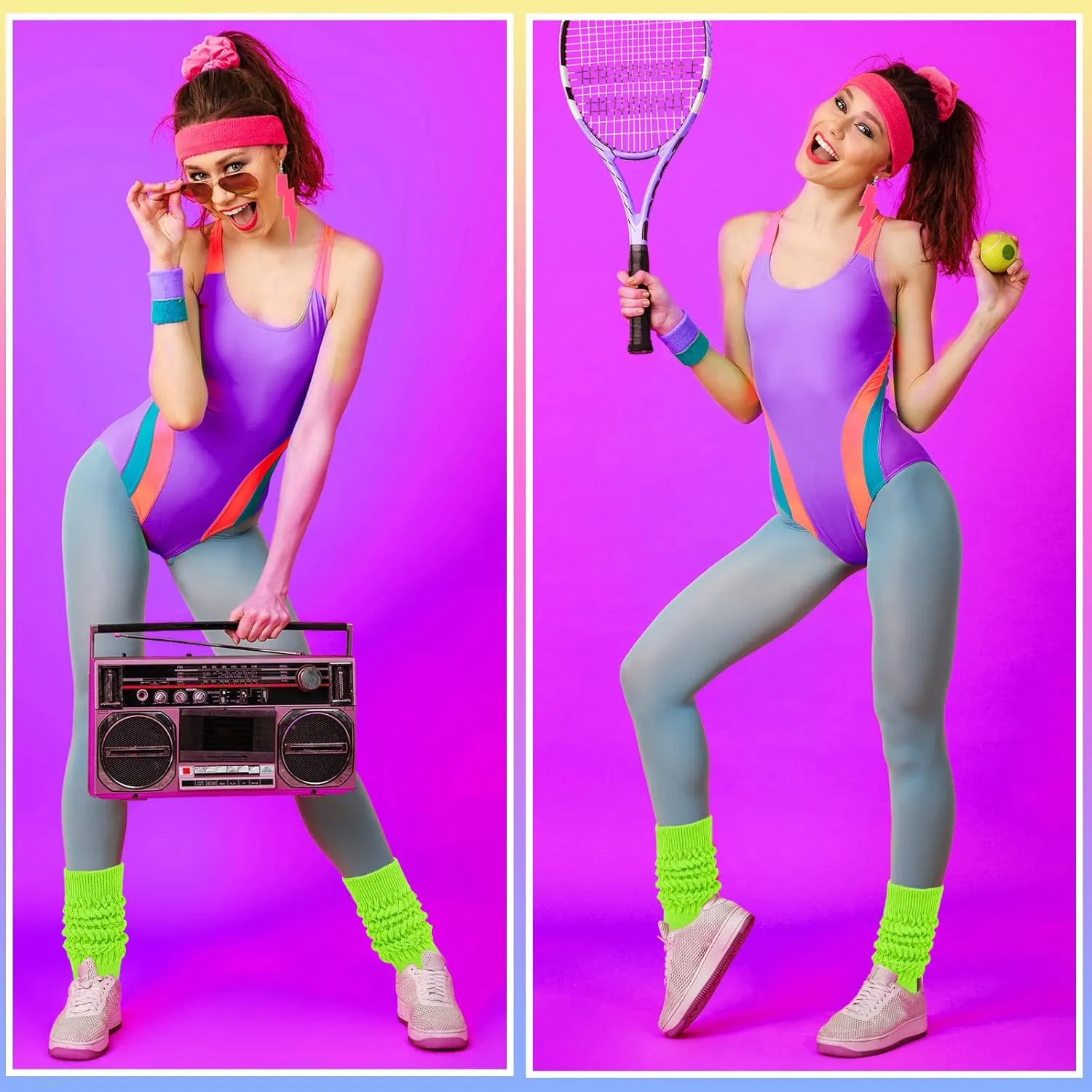 Neon Slouch Socks for Women, 80s 90s Scrunch Knee High Socks with Neon Earrings and Scrunchies for 80s 90s Party