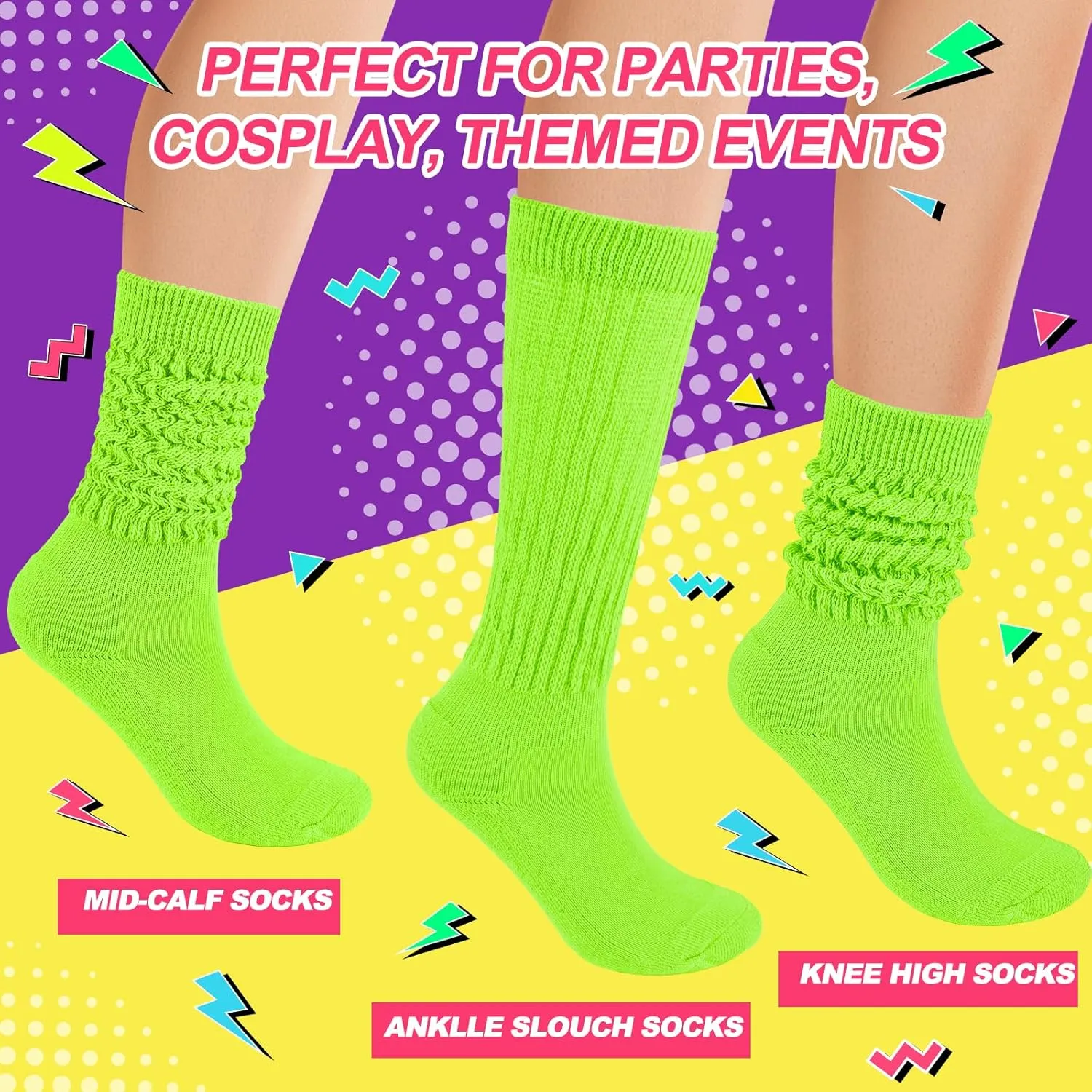 Neon Slouch Socks for Women, 80s 90s Scrunch Knee High Socks with Neon Earrings and Scrunchies for 80s 90s Party