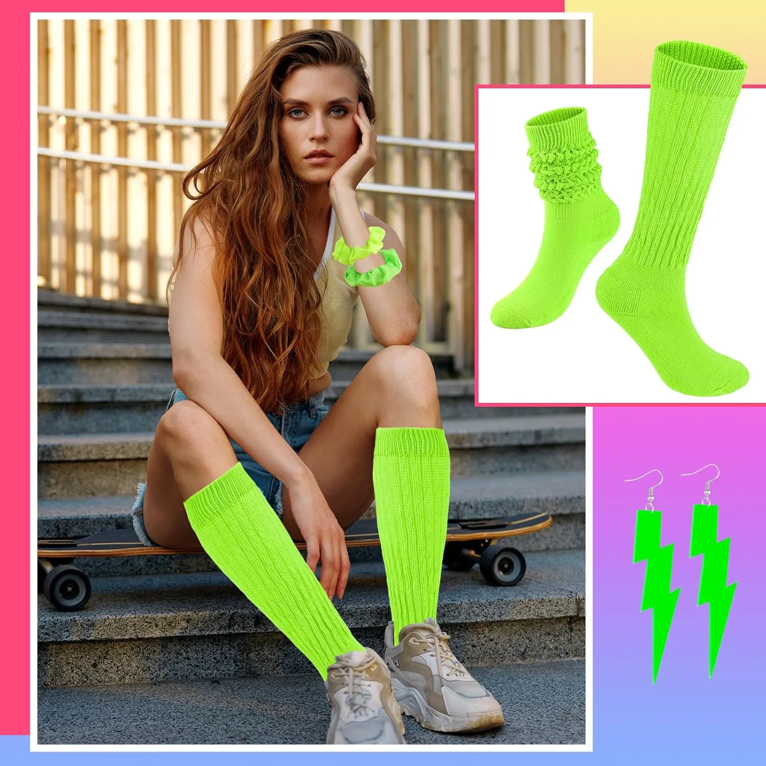 Neon Slouch Socks for Women, 80s 90s Scrunch Knee High Socks with Neon Earrings and Scrunchies for 80s 90s Party