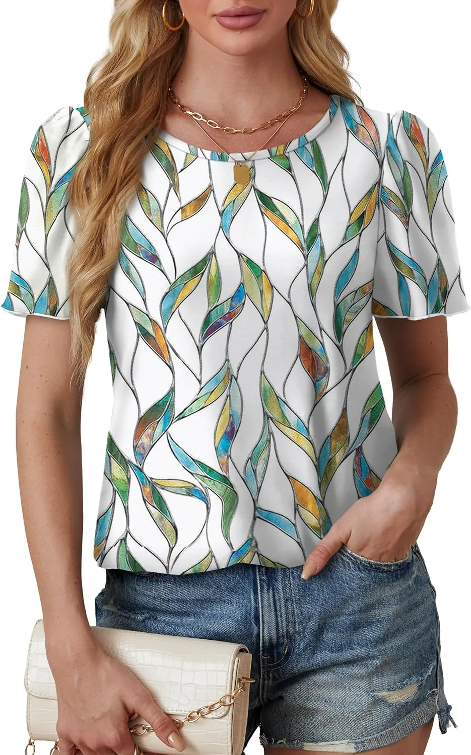 OFEEFAN Womens T Shirts Loose Fit Scooped Neck Short Sleeve Blouses Dressy Casual Summer Tops