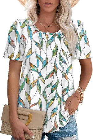 OFEEFAN Womens T Shirts Loose Fit Scooped Neck Short Sleeve Blouses Dressy Casual Summer Tops