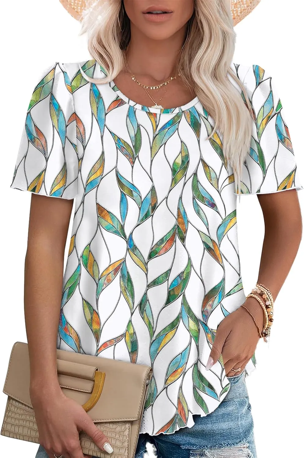 OFEEFAN Womens T Shirts Loose Fit Scooped Neck Short Sleeve Blouses Dressy Casual Summer Tops