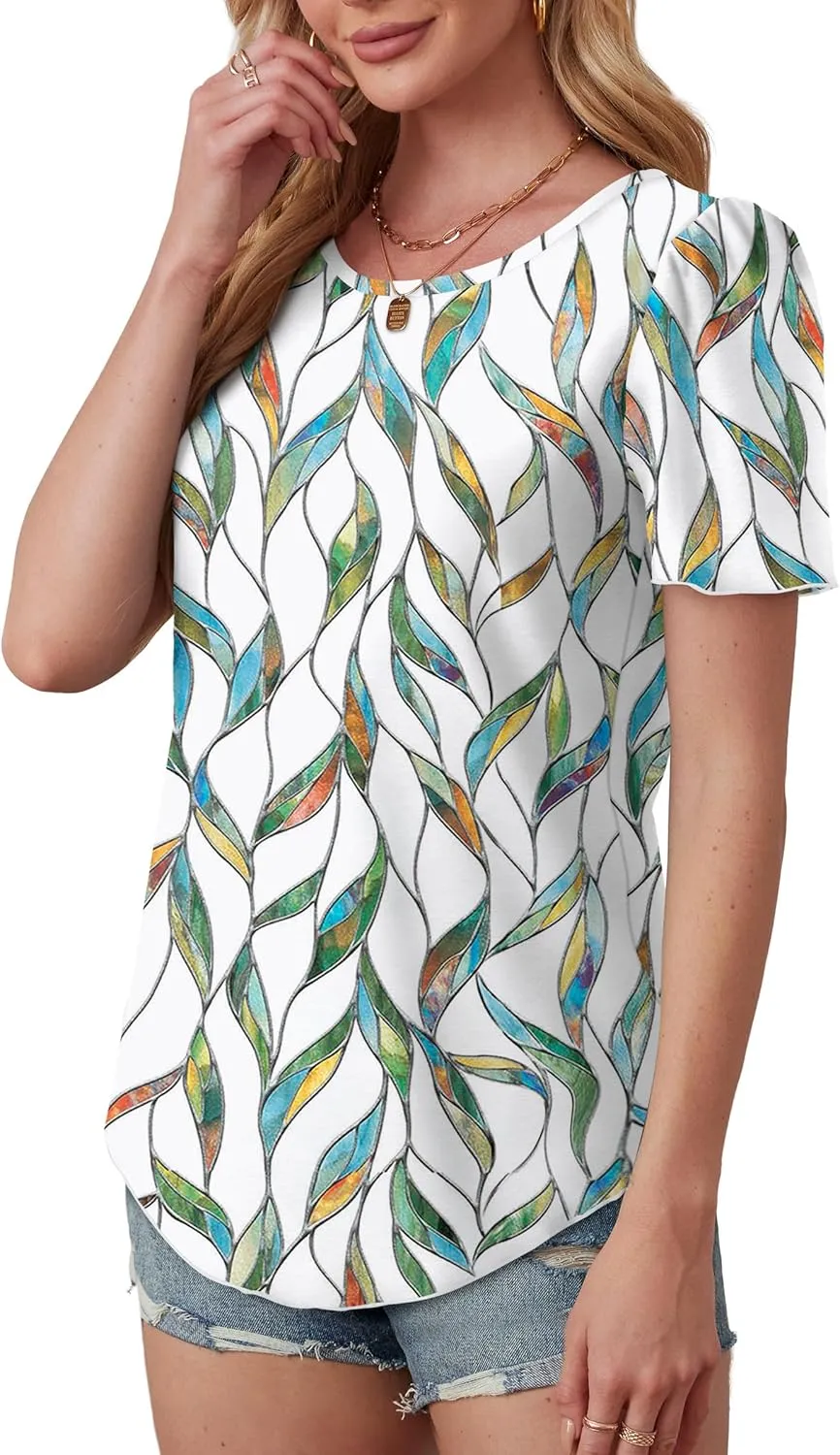 OFEEFAN Womens T Shirts Loose Fit Scooped Neck Short Sleeve Blouses Dressy Casual Summer Tops