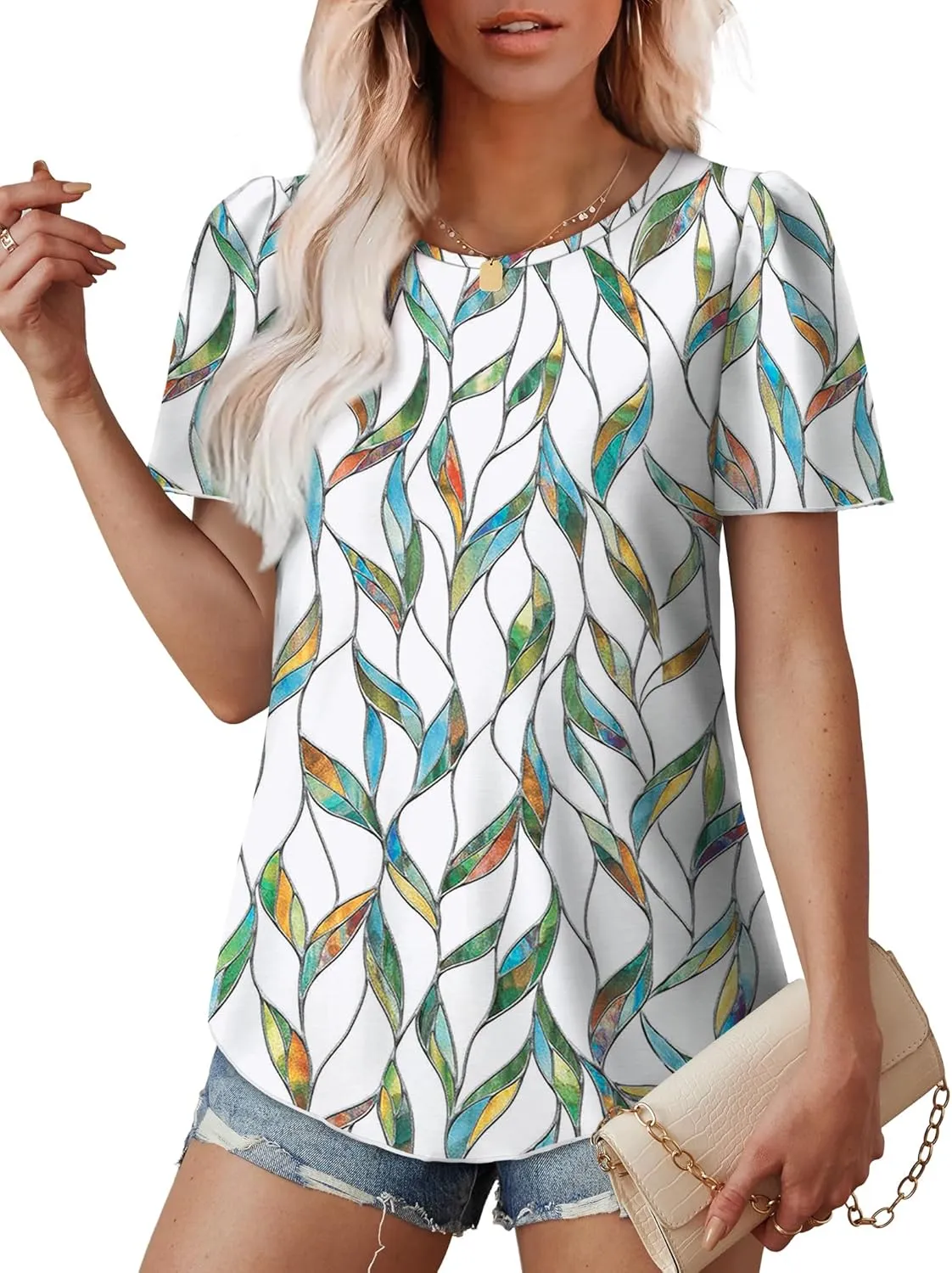 OFEEFAN Womens T Shirts Loose Fit Scooped Neck Short Sleeve Blouses Dressy Casual Summer Tops