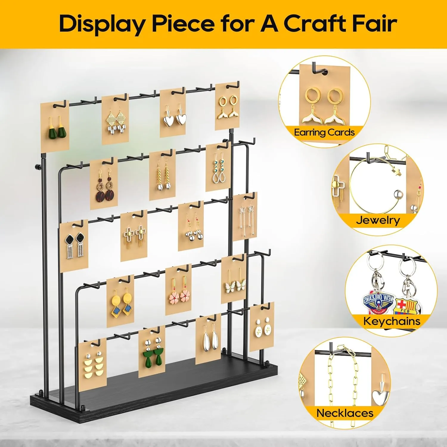 ORLESS Jewelry Display for Vendors, Earring Display Stand for Selling, Necklace Display Holder for Selling, Earring Cards Organizer for Bracelets, Rings, Jewelry Towers, Black (35 Hooks)