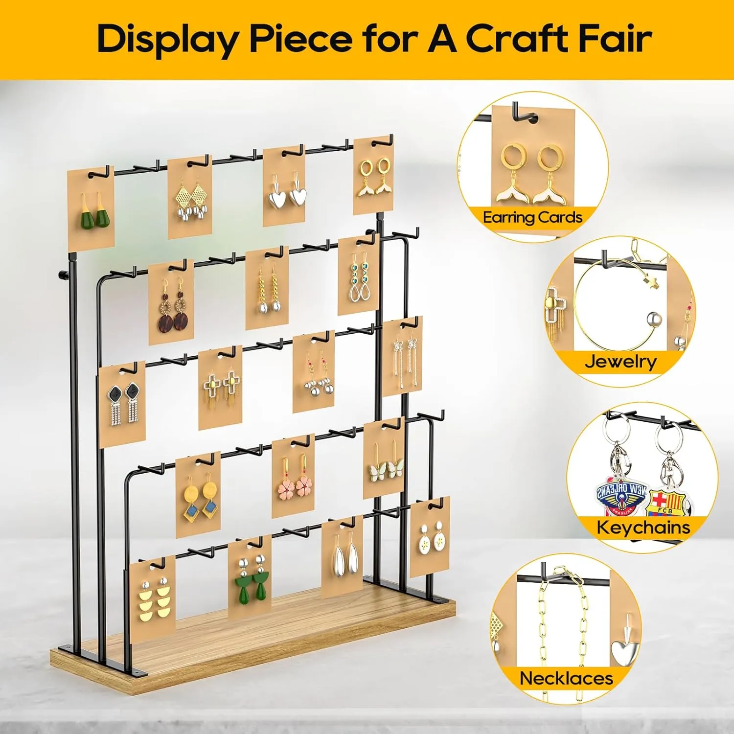 ORLESS Jewelry Display for Vendors, Earring Display Stand for Selling, Necklace Display Holder for Selling, Earring Cards Organizer for Bracelets, Rings, Jewelry Towers, Original Wood (35 Hooks)