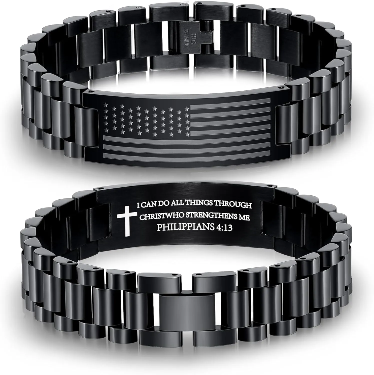 P.BLAKE American Flag Watch Bracelet for Men, Father's Day Gifts Stainless Steel Engraved Bible Verse Christian Jewelry Gifts for Dad Son Husband Grandpa