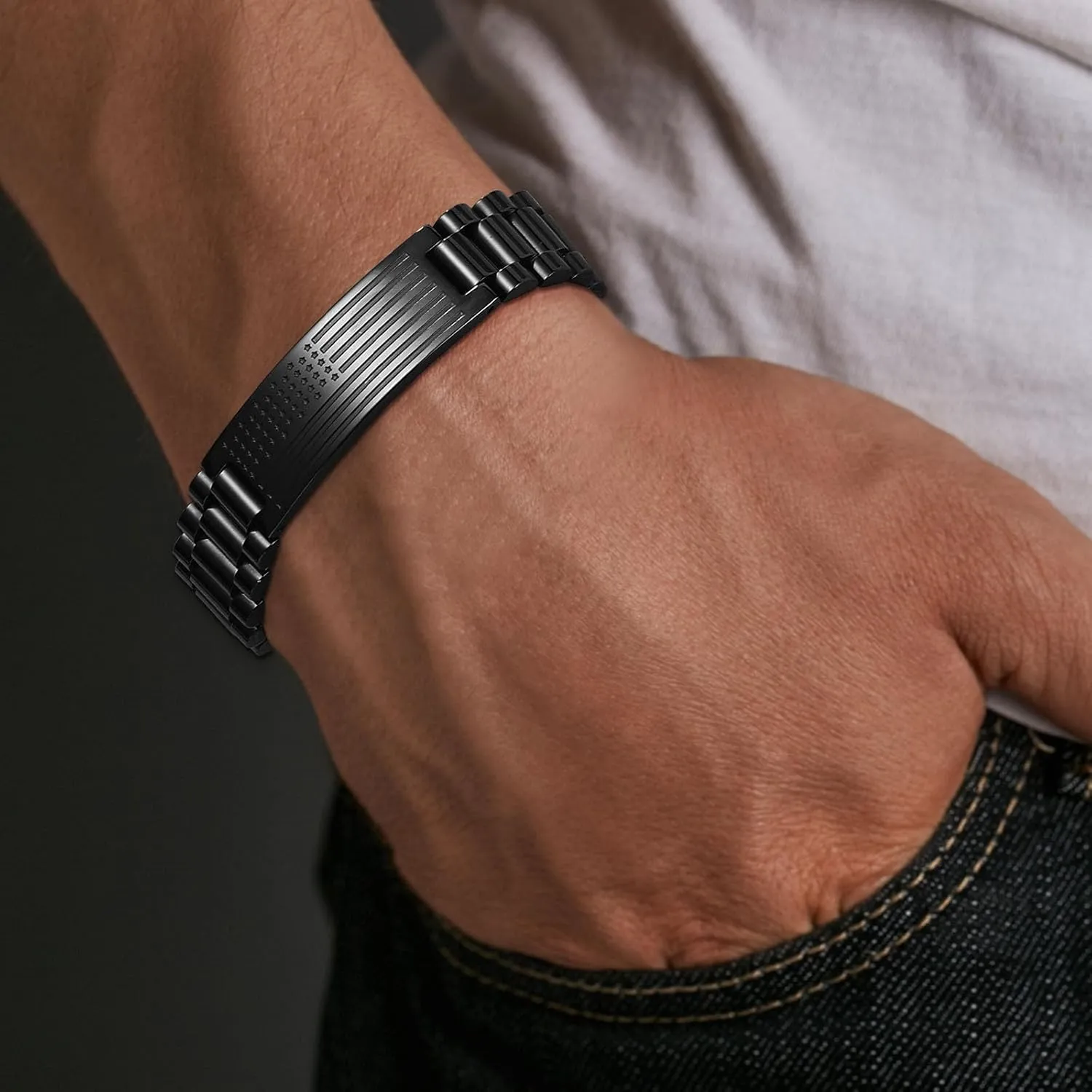 P.BLAKE American Flag Watch Bracelet for Men, Father's Day Gifts Stainless Steel Engraved Bible Verse Christian Jewelry Gifts for Dad Son Husband Grandpa