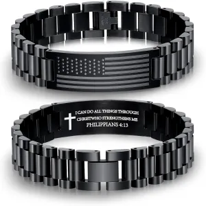 P.BLAKE American Flag Watch Bracelet for Men, Father's Day Gifts Stainless Steel Engraved Bible Verse Christian Jewelry Gifts for Dad Son Husband Grandpa