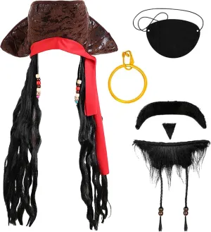 Pirate Hat for Men Women Pirate Costume with Wig Pirate Headscarf Eyepatch Earring Mustache Accessories Set