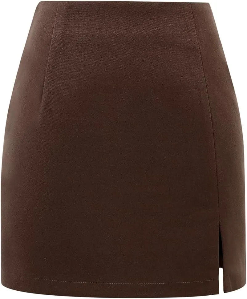 Plaid Mini Skirts for Womens High Waisted Fall Winter Wool Bodycon Pencil Skirts with Slit