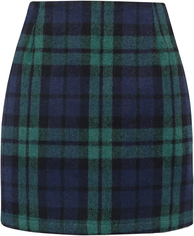 Plaid Mini Skirts for Womens High Waisted Fall Winter Wool Bodycon Pencil Skirts with Slit