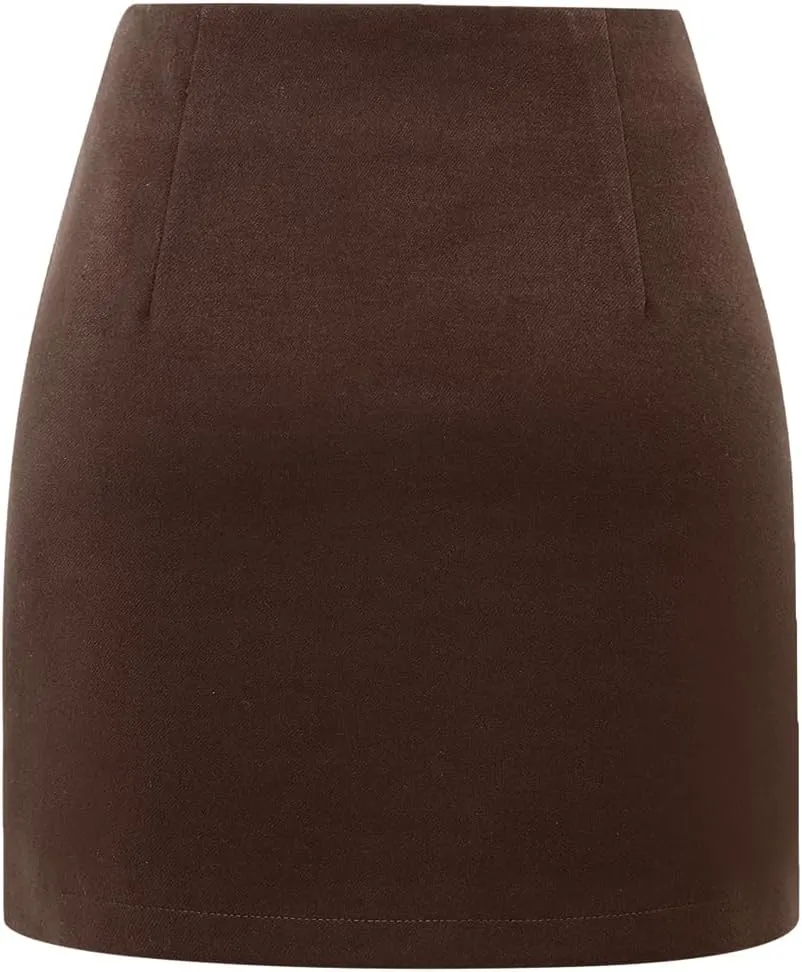Plaid Mini Skirts for Womens High Waisted Fall Winter Wool Bodycon Pencil Skirts with Slit
