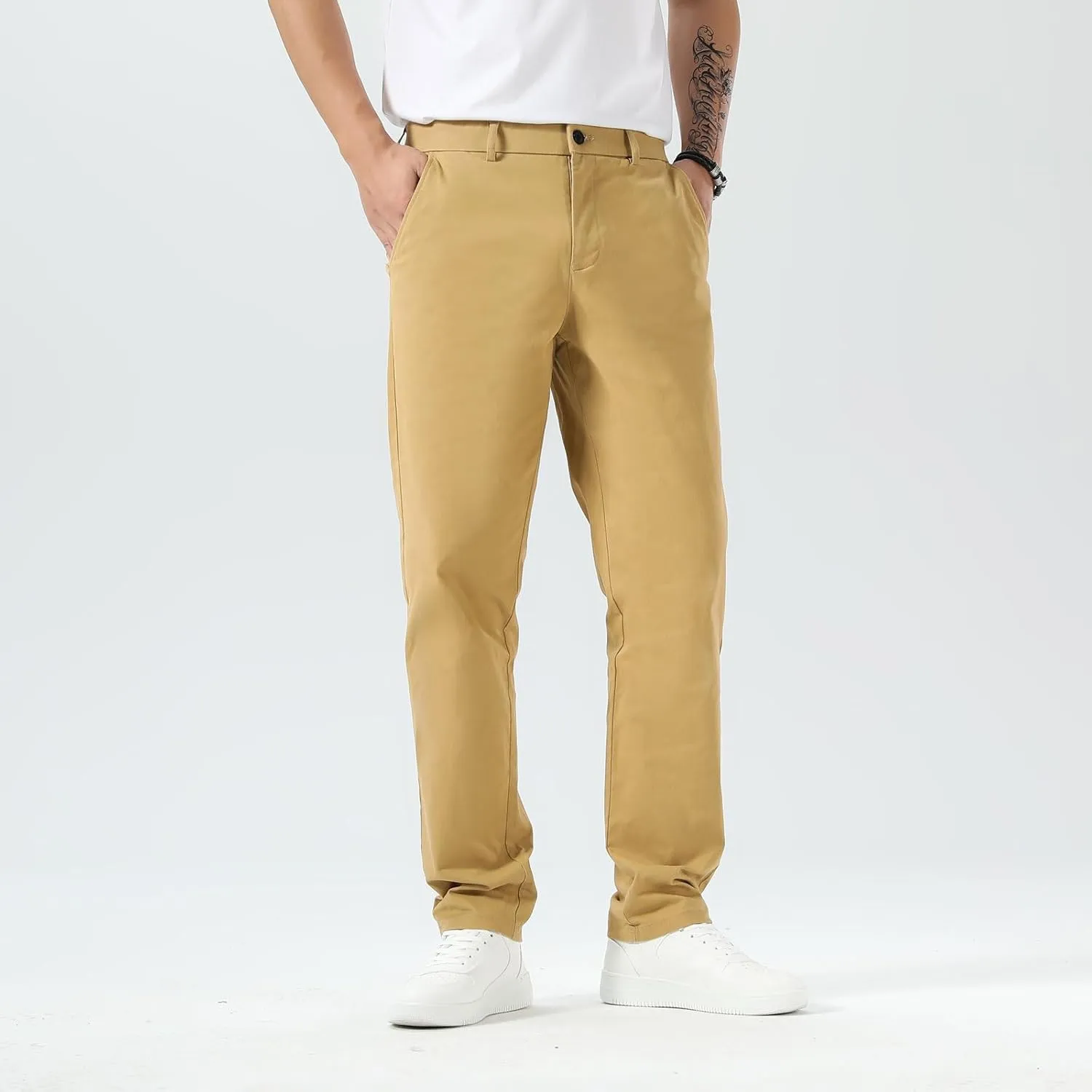 Plaid&Plain Mens Slim Fit Khaki Pants Mens Tapered Chino Pants
