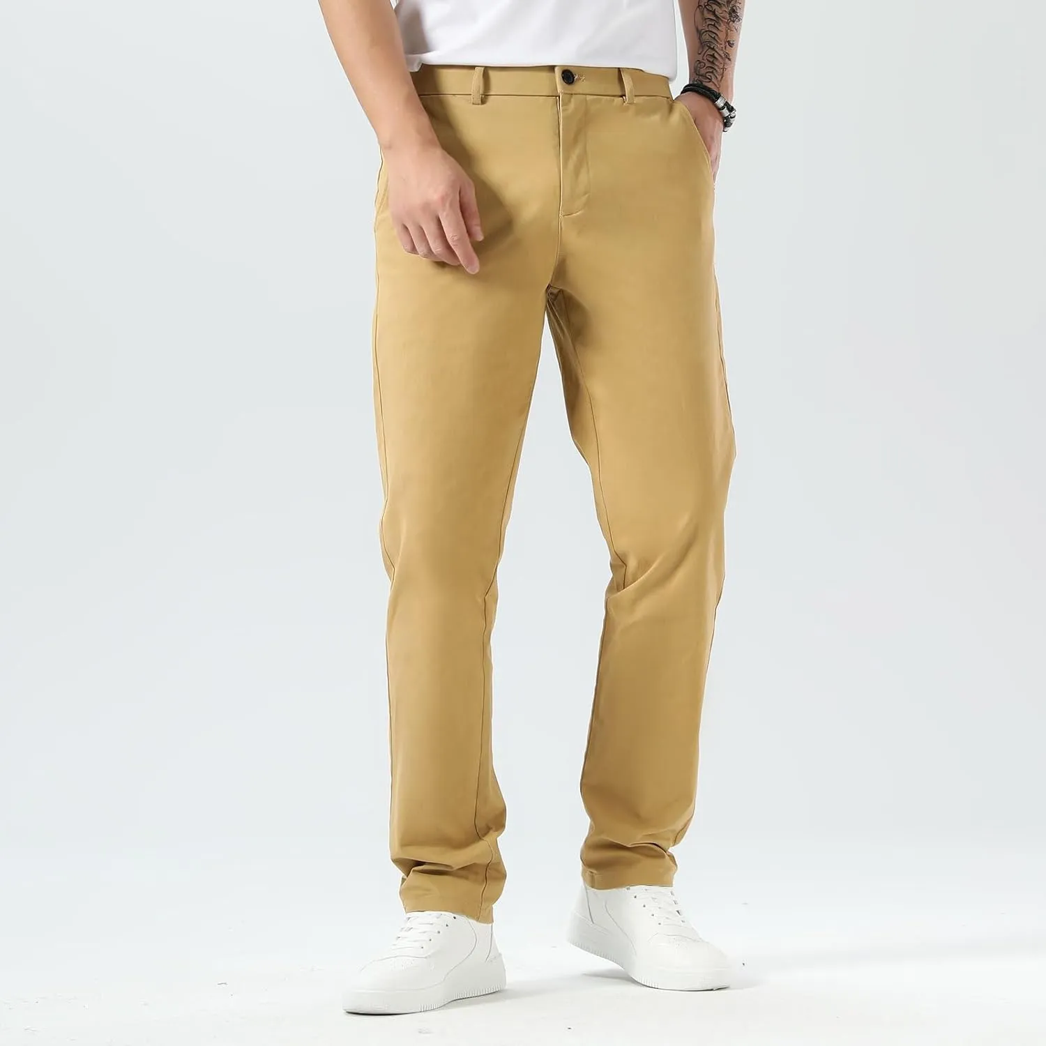 Plaid&Plain Mens Slim Fit Khaki Pants Mens Tapered Chino Pants