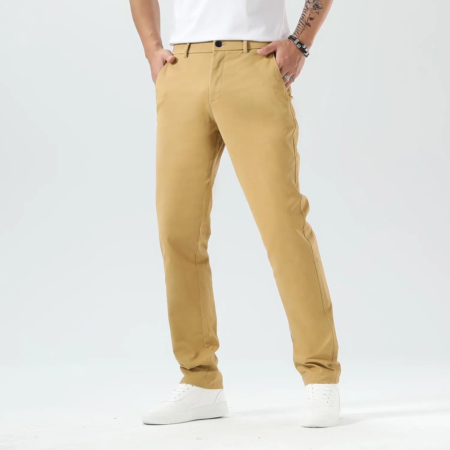 Plaid&Plain Mens Slim Fit Khaki Pants Mens Tapered Chino Pants