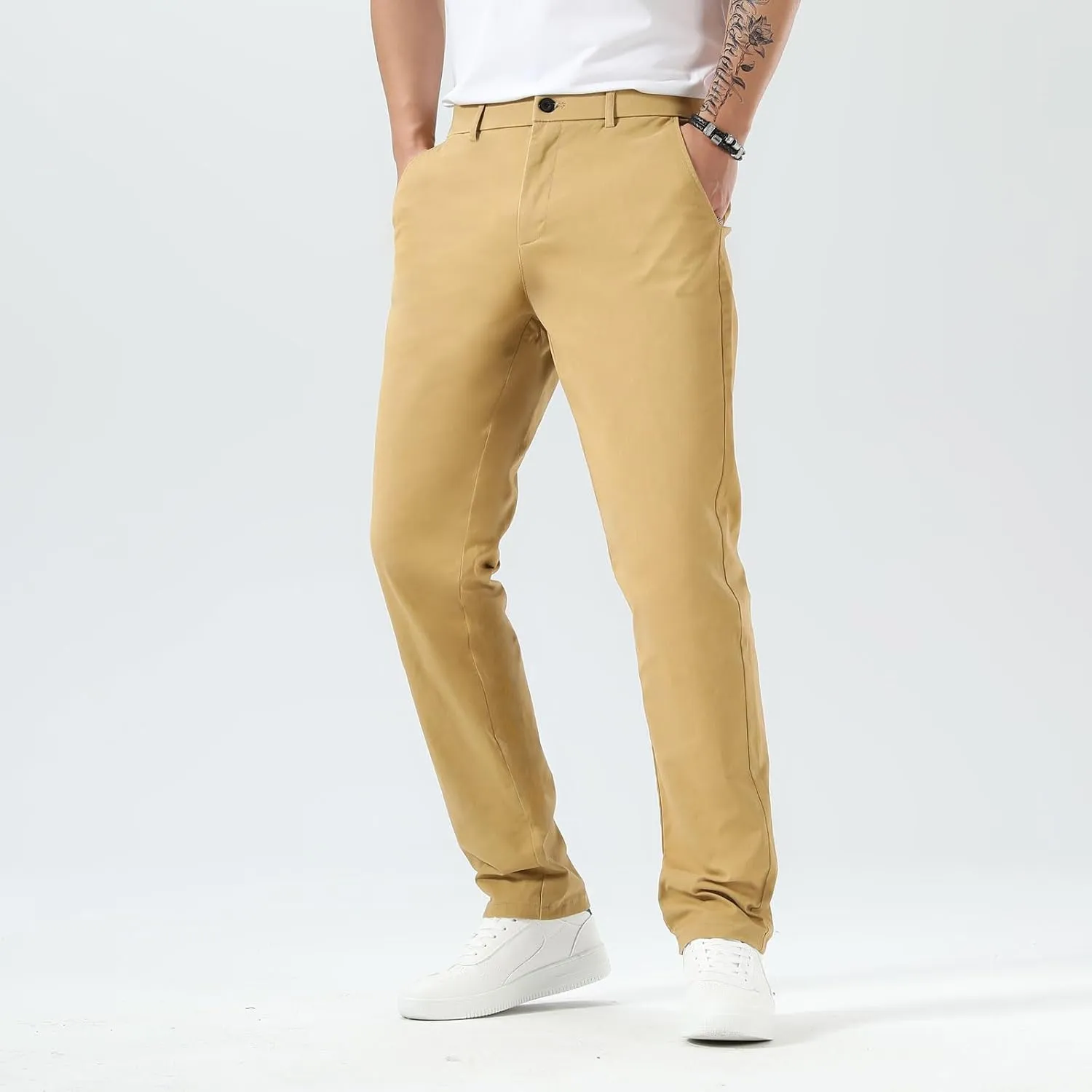 Plaid&Plain Mens Slim Fit Khaki Pants Mens Tapered Chino Pants