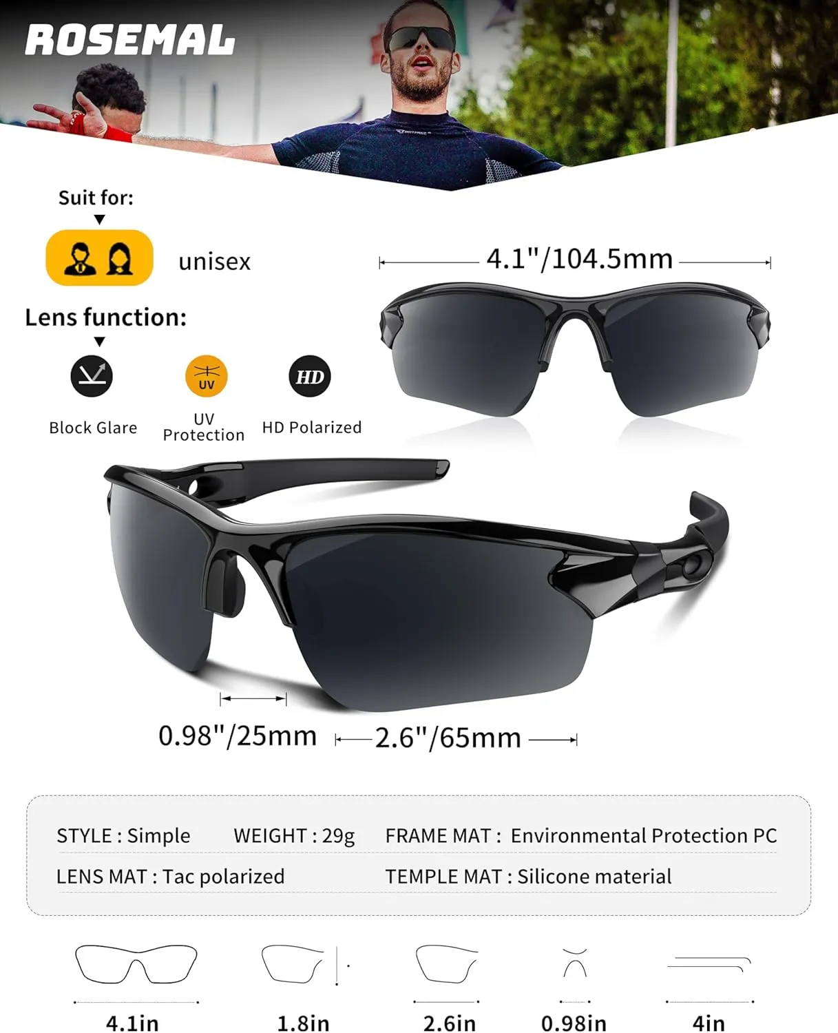 Polarized Sunglasses for Men Women Running Sunglasses Sports Cycling Driving Fishing Baseball Golf TAC UV400 TR90