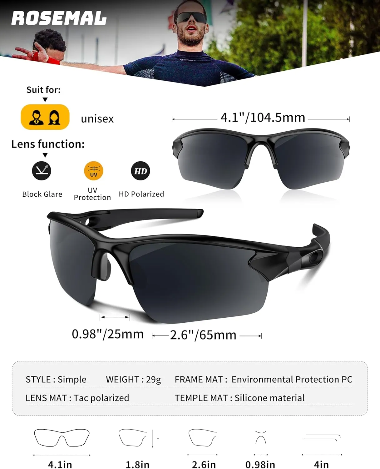 Polarized Sunglasses for Men Women Running Sunglasses Sports Cycling Driving Fishing Baseball Golf TAC UV400 TR90