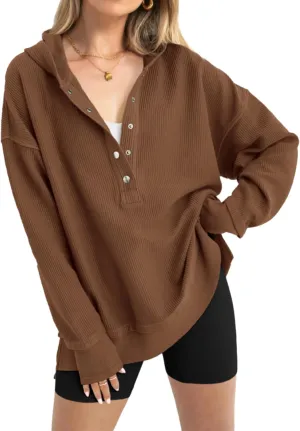 PRETTYGARDEN Womens Fashion 2025 Oversized Long Sleeve Hoodie Button Down V Neck Sweatshirt Side Slit Casual Pullover Tops