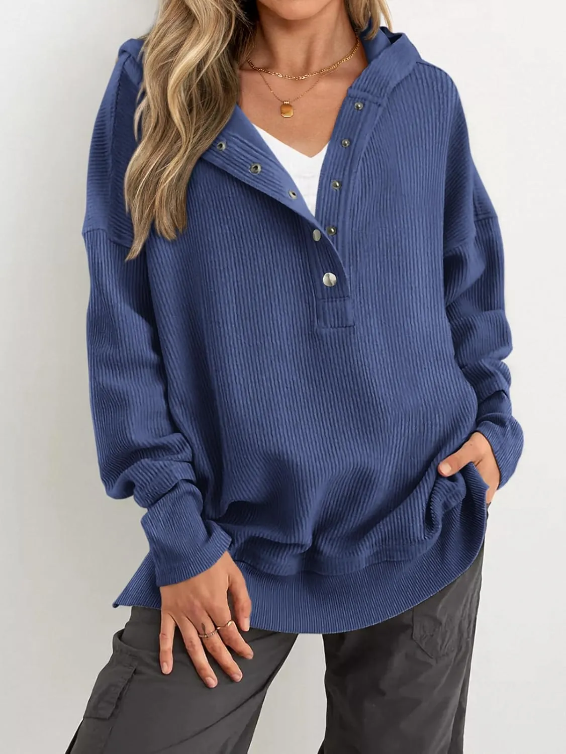 PRETTYGARDEN Womens Fashion 2025 Oversized Long Sleeve Hoodie Button Down V Neck Sweatshirt Side Slit Casual Pullover Tops