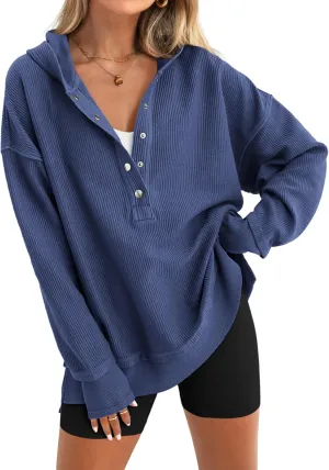 PRETTYGARDEN Womens Fashion 2025 Oversized Long Sleeve Hoodie Button Down V Neck Sweatshirt Side Slit Casual Pullover Tops