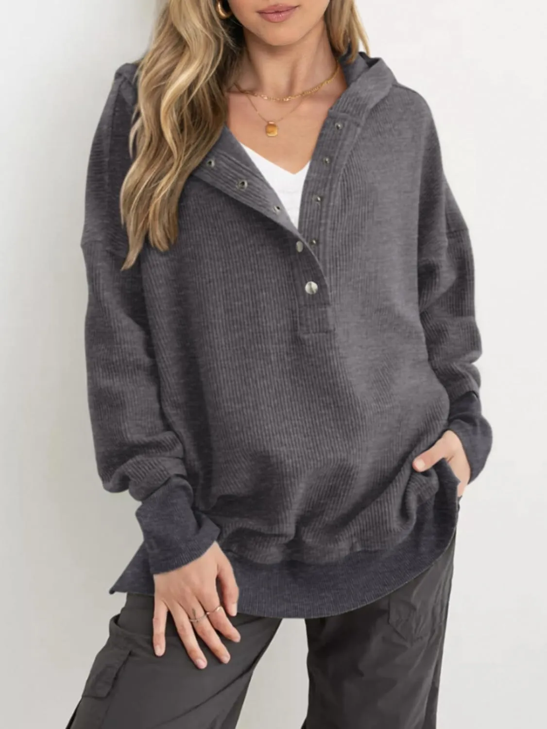 PRETTYGARDEN Womens Fashion 2025 Oversized Long Sleeve Hoodie Button Down V Neck Sweatshirt Side Slit Casual Pullover Tops