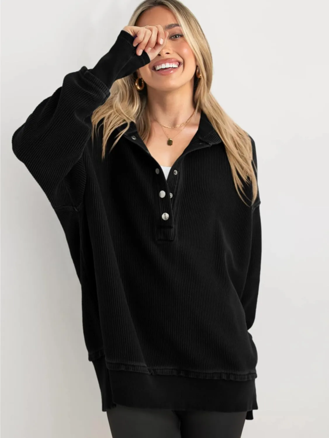 PRETTYGARDEN Womens Fashion 2025 Oversized Long Sleeve Hoodie Button Down V Neck Sweatshirt Side Slit Casual Pullover Tops