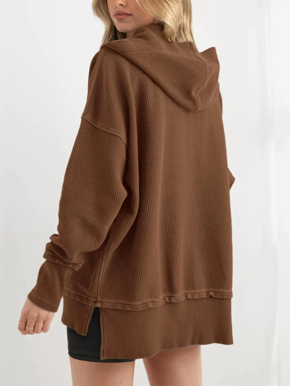 PRETTYGARDEN Womens Fashion 2025 Oversized Long Sleeve Hoodie Button Down V Neck Sweatshirt Side Slit Casual Pullover Tops