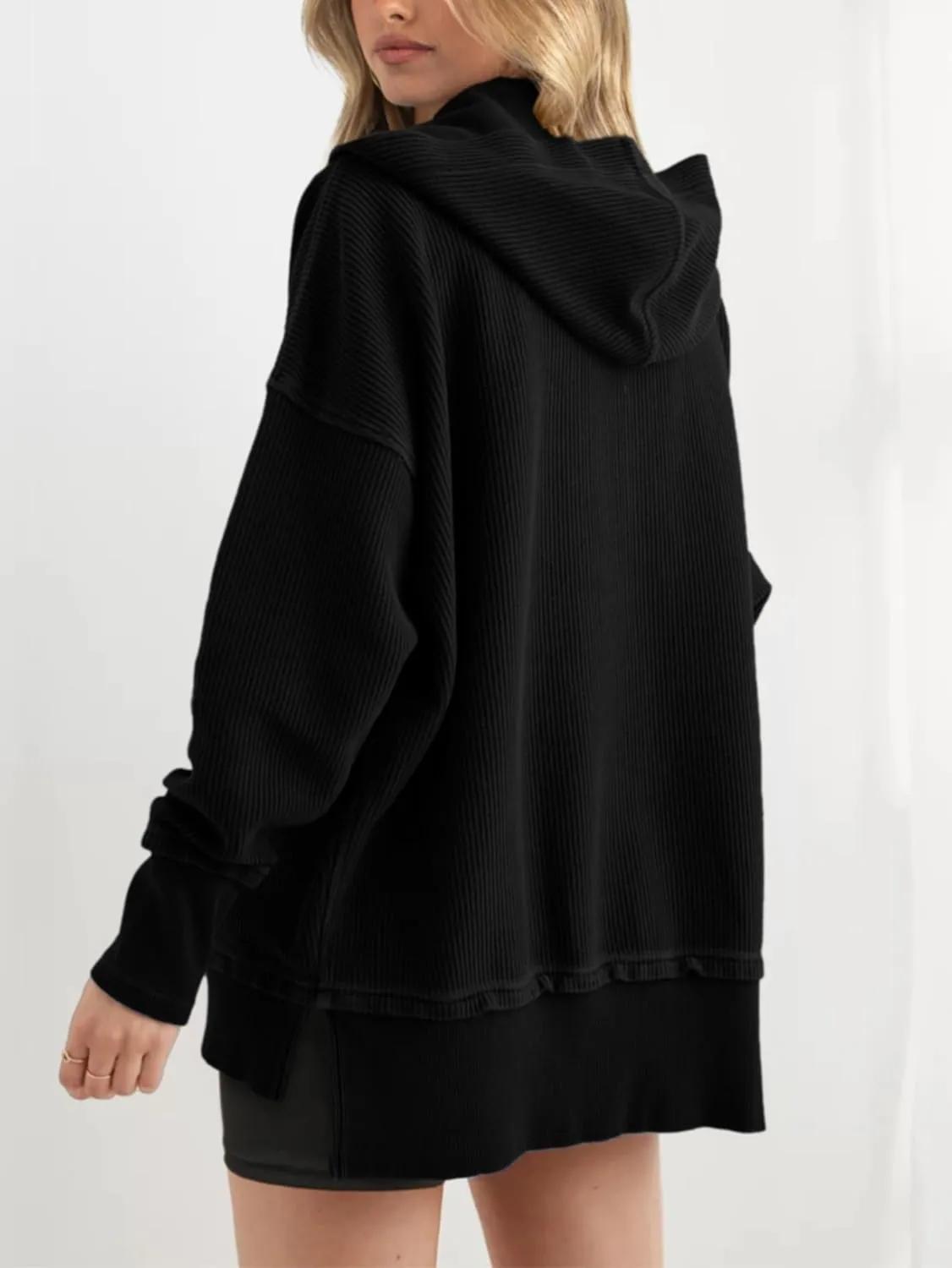PRETTYGARDEN Womens Fashion 2025 Oversized Long Sleeve Hoodie Button Down V Neck Sweatshirt Side Slit Casual Pullover Tops
