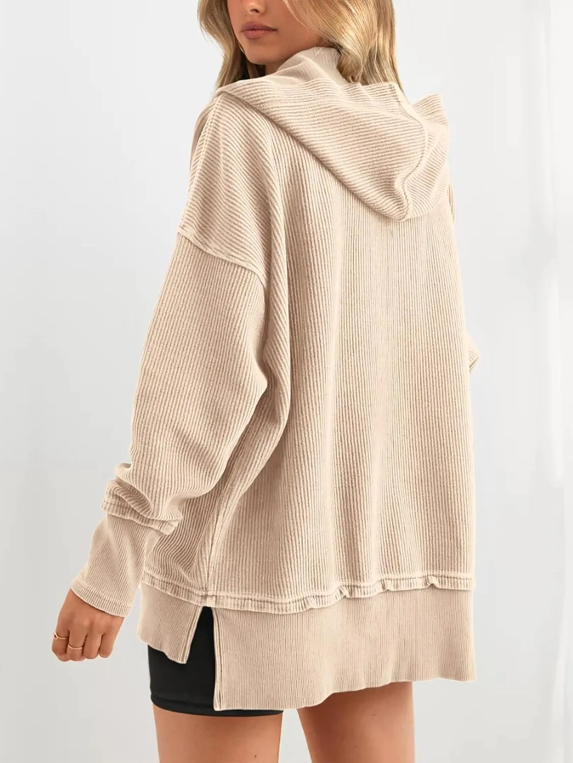 PRETTYGARDEN Womens Fashion 2025 Oversized Long Sleeve Hoodie Button Down V Neck Sweatshirt Side Slit Casual Pullover Tops