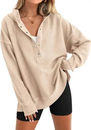 PRETTYGARDEN Womens Fashion 2025 Oversized Long Sleeve Hoodie Button Down V Neck Sweatshirt Side Slit Casual Pullover Tops