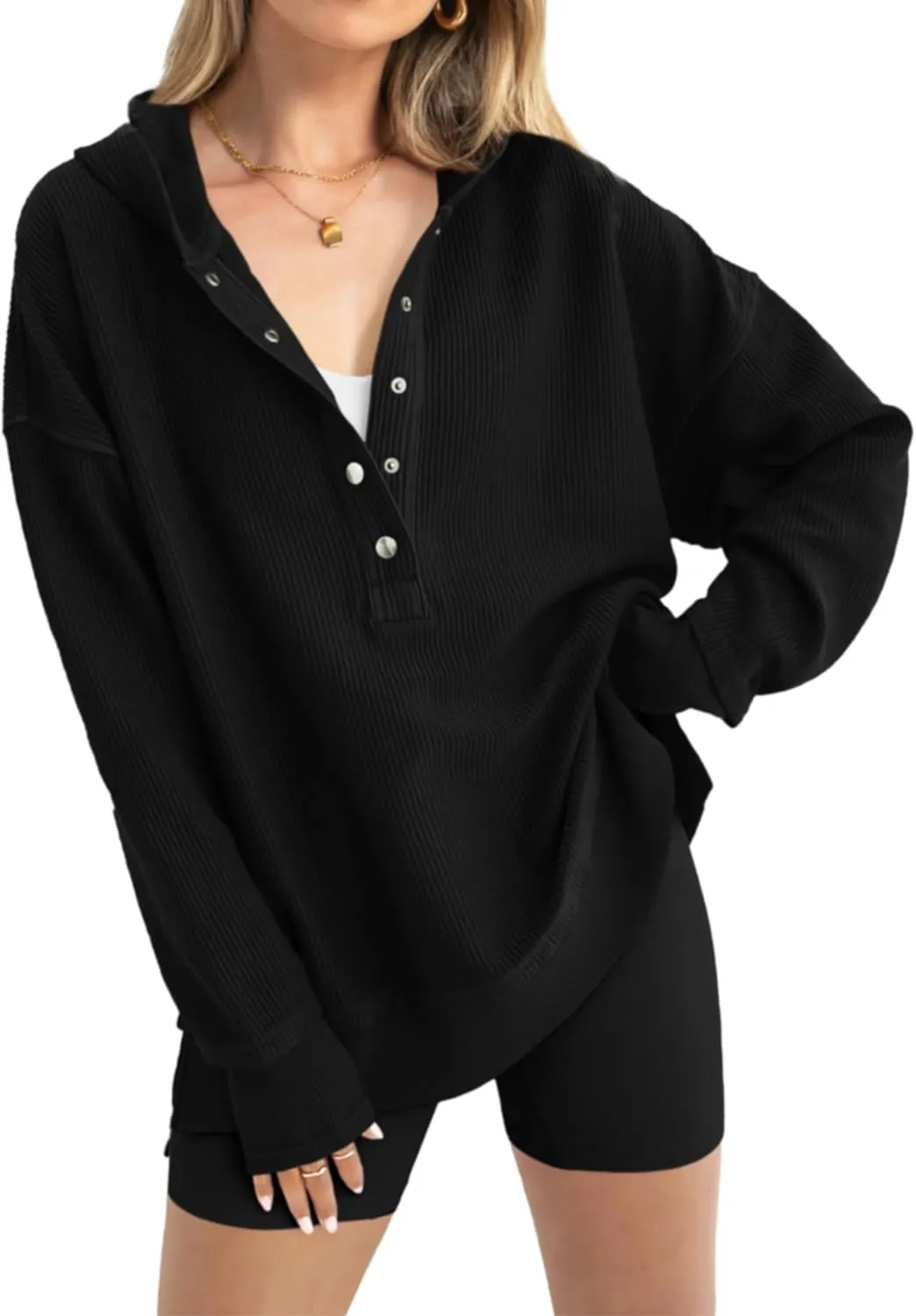 PRETTYGARDEN Womens Fashion 2025 Oversized Long Sleeve Hoodie Button Down V Neck Sweatshirt Side Slit Casual Pullover Tops