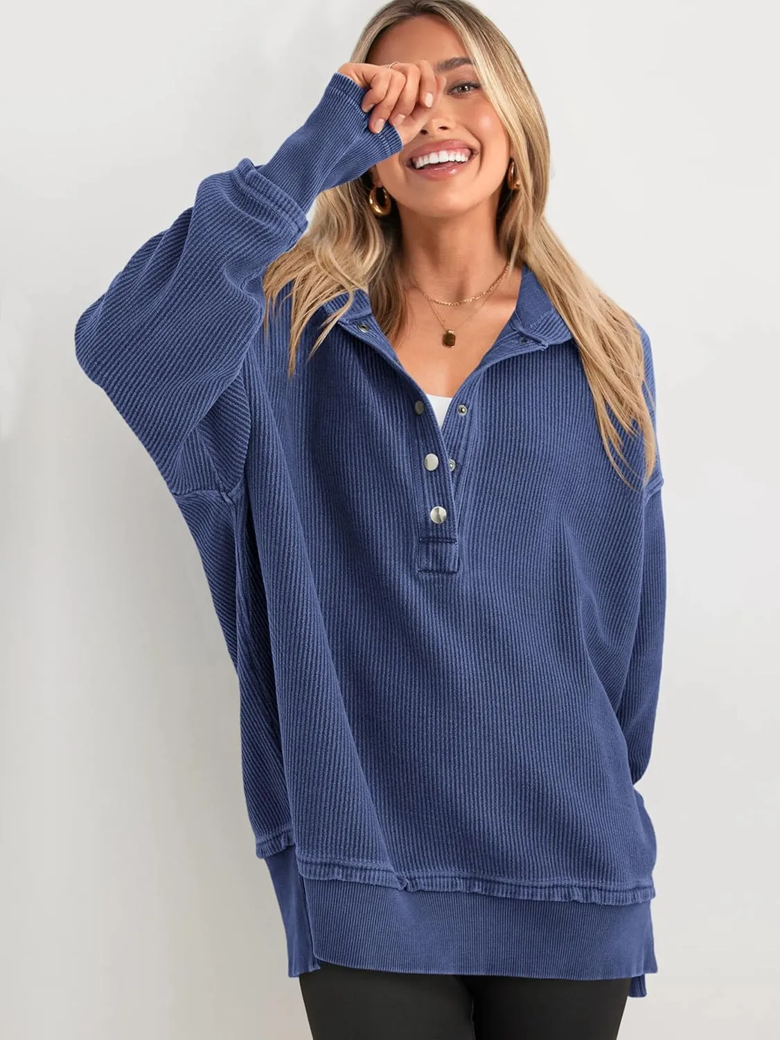 PRETTYGARDEN Womens Fashion 2025 Oversized Long Sleeve Hoodie Button Down V Neck Sweatshirt Side Slit Casual Pullover Tops