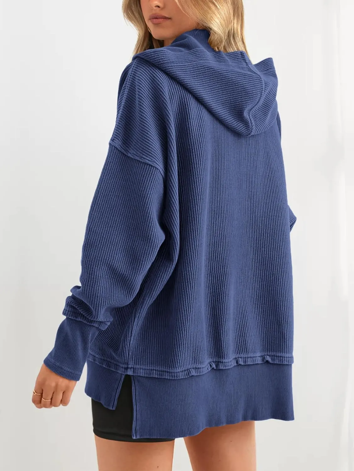 PRETTYGARDEN Womens Fashion 2025 Oversized Long Sleeve Hoodie Button Down V Neck Sweatshirt Side Slit Casual Pullover Tops